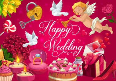 Happy wedding, marriage gifts, cake and hearts