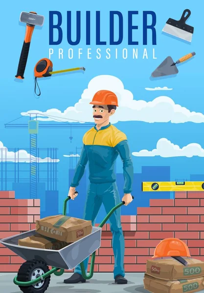 Bauarbeiter oder Bauarbeiter mit Arbeitswerkzeug — Stockvektor