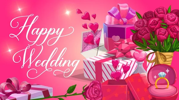 Bruiloft dag groeten, bloemen en geschenken, harten — Stockvector