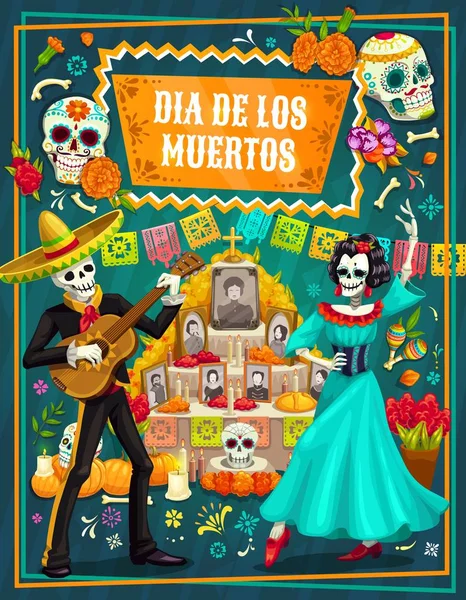 Día Mexicano de los Muertos calaveras de azúcar, esqueletos — Archivo Imágenes Vectoriales