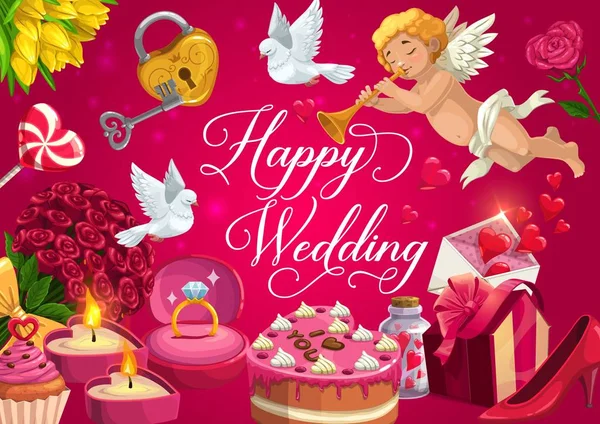 Happy wedding, marriage gifts, cake and hearts — Stockový vektor