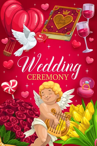 Invitación a la ceremonia de boda. Cupido y flores — Vector de stock