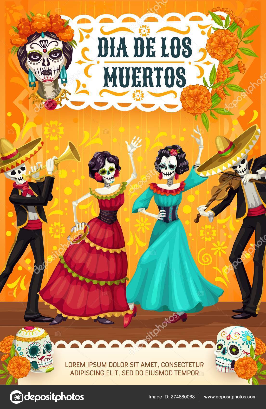 디아 데 로스 무에르토스, 해골 두개골 춤 스톡 벡터 - ©VectorTradition 274880068, image size:1105x1700