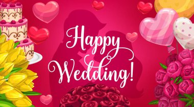 Damat ve gelin siluetleri, düğün kartı, çiçekler