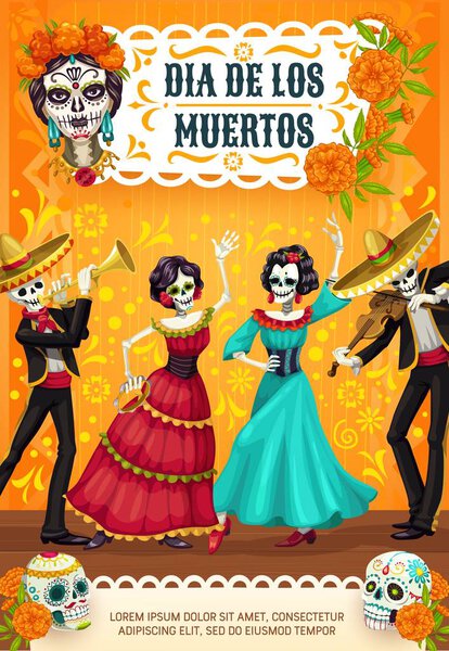 Dia de los Muertos, skeletons skulls dancing