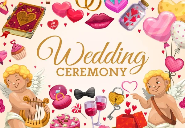Invitation on wedding ceremony. Cupids, love signs — Stock Vector