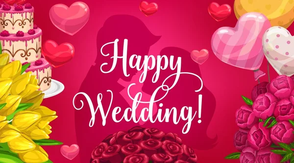 Siluetas de novio y novia, tarjeta de boda, flores — Vector de stock