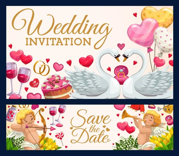 Wedding invitation calligraphy, hearts and swans — Stock Vector