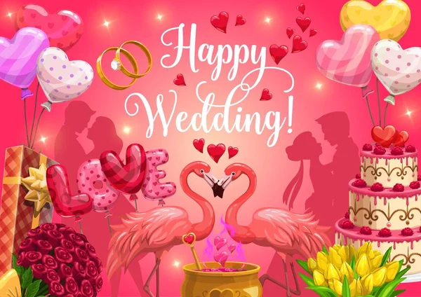 Gelukkig bruiloft kalligrafie, hart ballonnen en cake — Stockvector