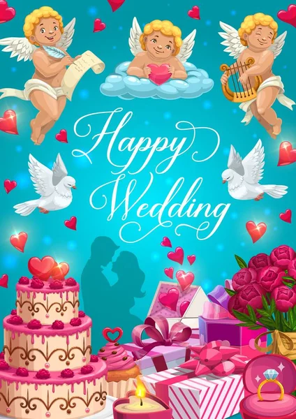 Novia y novio con anillos de boda, regalos y pastel — Vector de stock