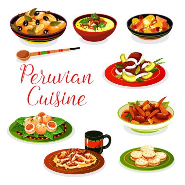 Perulu deniz ürünleri ceviche, et ve sebzeler yemekleri