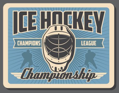 Buz hokeyi oyuncuları, sopalar, diskler ve kaleci maskesi