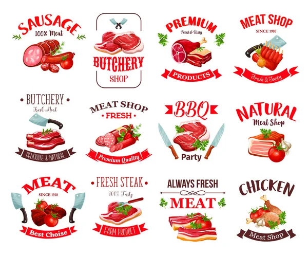 Vlees, rund-en varkensvlees worst, ham, salami, kip — Stockvector