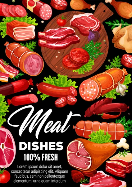 Salsichas de carne, bifes de vaca e porco, frango, presunto — Vetor de Stock