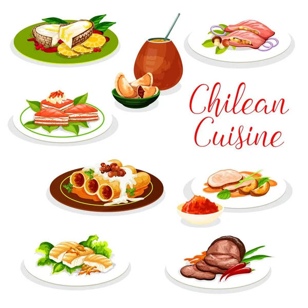 Tortas de carne chilena empanada, peixe assado e macarrão —  Vetores de Stock