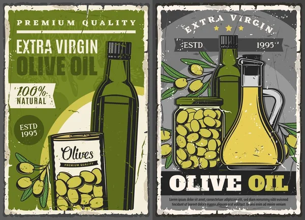 Olivolja flaskor, inlagda gröna frukter kan eller burk — Stock vektor