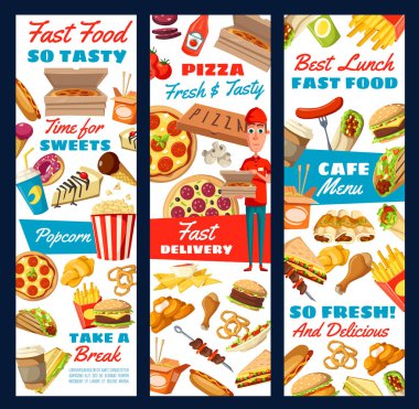 Fast food pizza, hamburger ve patates kızartması. Teslimat sevice
