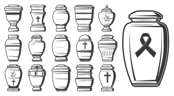 Urnas de cremación funeraria, tarros de columbario o jarrones — Vector de stock