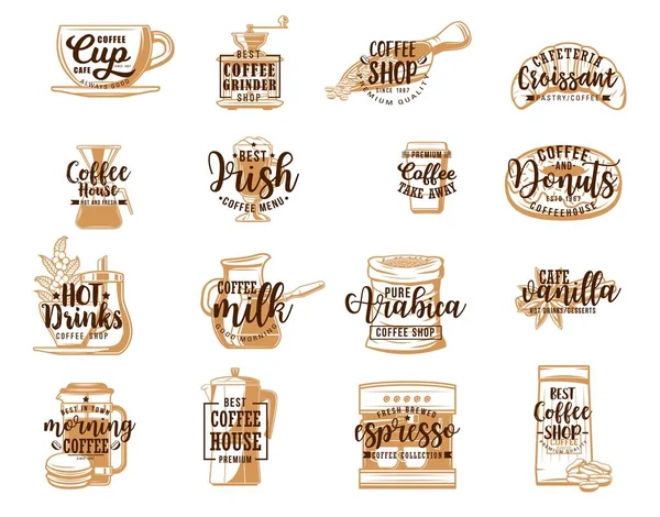 Xícara de café, máquina de café expresso, panela, caneca, croissant —  Vetores de Stock