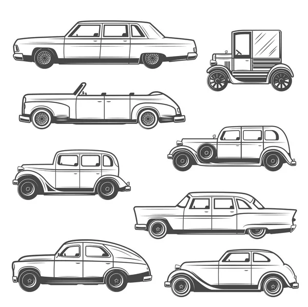 Retro carros e auto, modelos antigos de veículos a motor — Vetor de Stock