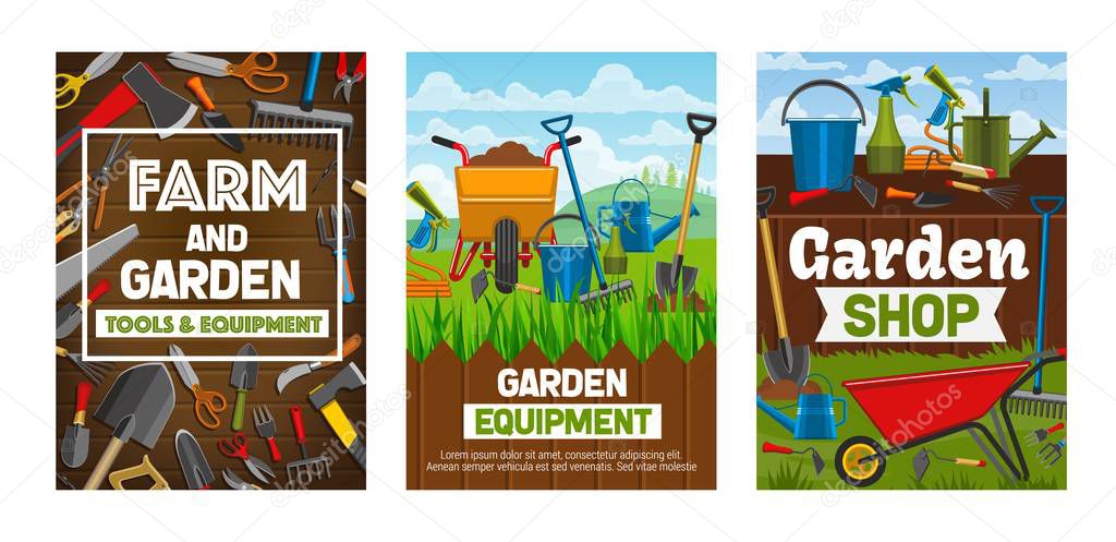 Gardening tools, rake, fork, shovel, wheelbarrow