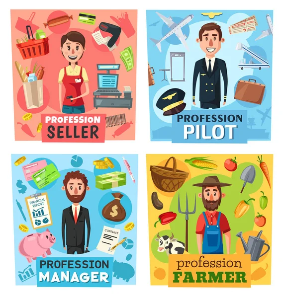 Farmer, finansial manager, pilot, seller, cashier — Stock Vector