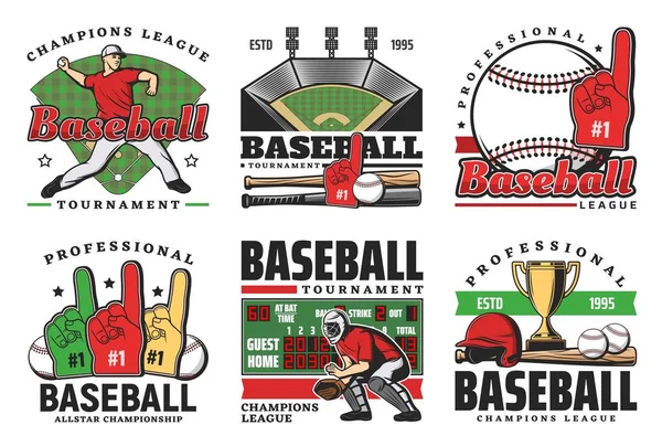 Balles de baseball, battes de sport, trophée, joueurs — Image vectorielle