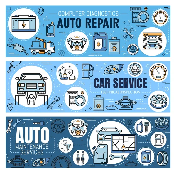 Auto service, auto reparatie en reserveonderdelen voor voertuigen — Stockvector