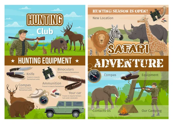 Сафарі мисливські тварини, мисливська зброя та обладнання — стоковий вектор