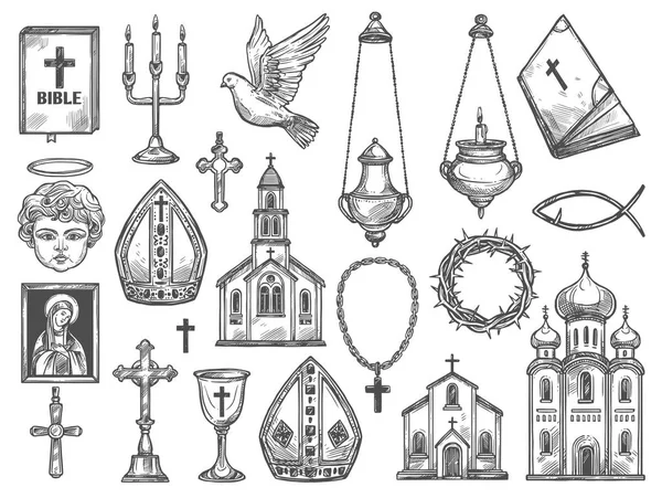 Iglesia religiosa cristiana, Biblia, icono de Dios, cruz — Vector de stock