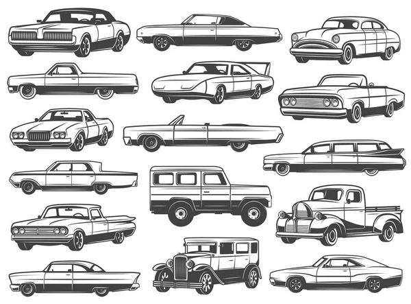 Voiture rétro, berline vintage, cabriolet, pick-up, wagon — Image vectorielle
