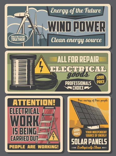 Elektrische kabel, draad, zonnepaneel, windturbine — Stockvector