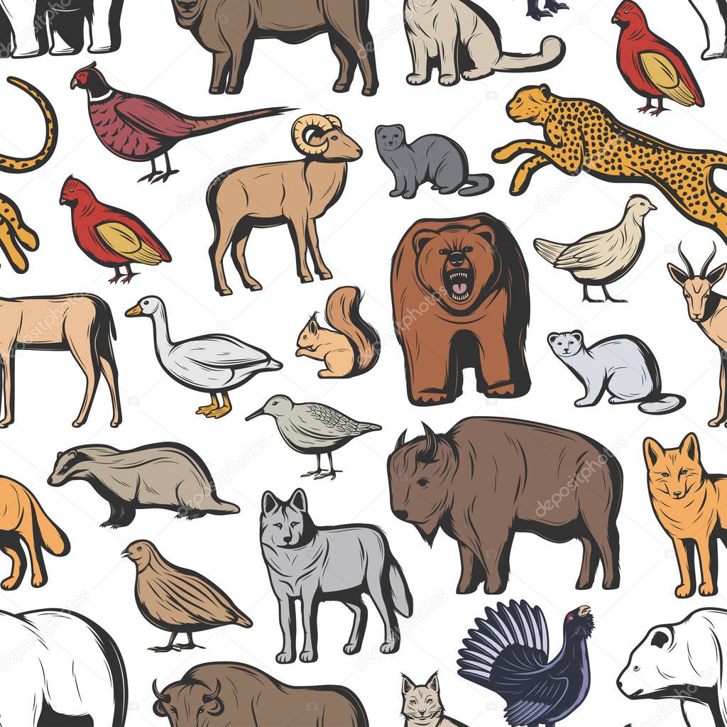 Animals and birds seamless pattern. Hunting sport