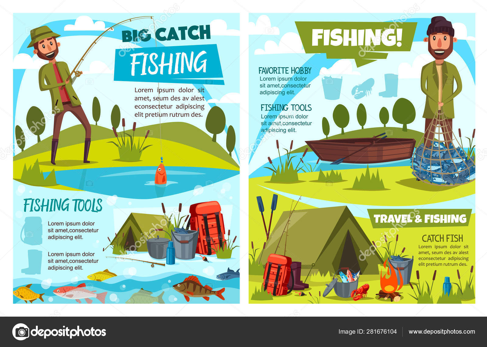 Fishermen fishing with boat, rod, fish net, tent Stock Vector by