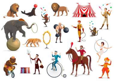 Circus akrobat, palyaço, eğitimli hayvanlar, sihirbaz