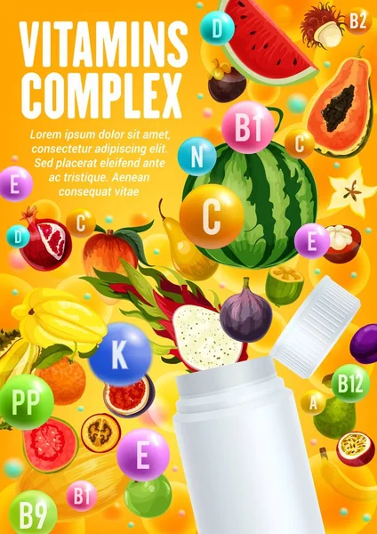 Complesso vitaminico in frutti tropicali e bacche — Vettoriale Stock