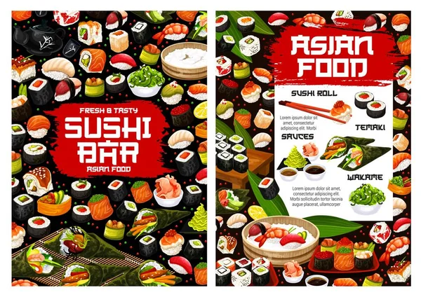 Rolos de sushi, temaki e nigiri, maki de frutos do mar —  Vetores de Stock