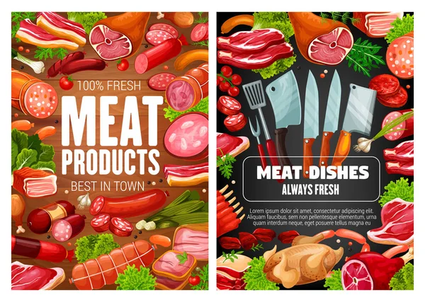 Salsichas de carne, presunto, bacon, salame, ervas, especiarias — Vetor de Stock