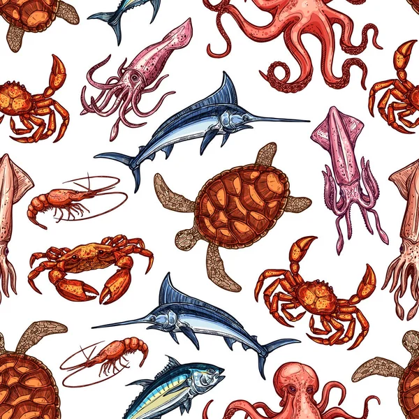Pulpo, cangrejo, calamar, salmón. Patrón de mariscos — Vector de stock
