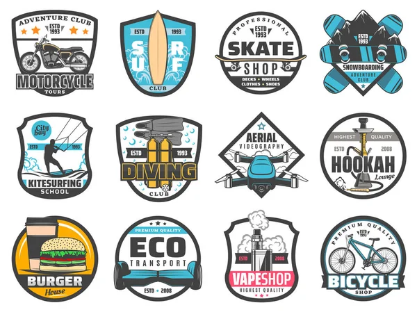 Loisirs, sport, aventure, badges de voyage — Image vectorielle