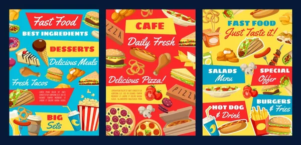 Fast food hamburger, pizza, hotdog, frietjes, kip — Stockvector