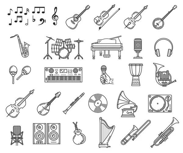 Icônes musicales de piano, guitare, microphone, notes — Image vectorielle