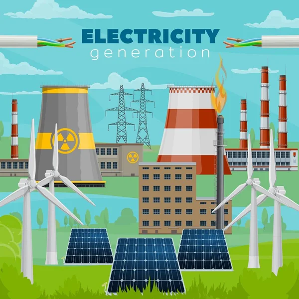 Electric power plants, wind turbine, solar energy — Stock Vector