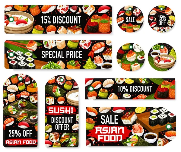 Rolos de sushi, nigiri, temaki tags de comida japonesa —  Vetores de Stock