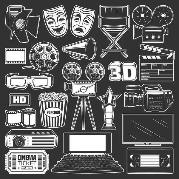 Cine, película y carrete de película, palomitas de maíz, gafas 3d — Vector de stock