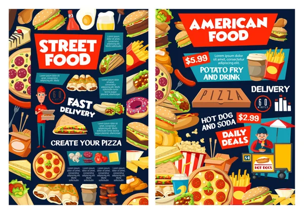 Fast food hamburger, pizza, hotdog, frietjes en soda — Stockvector