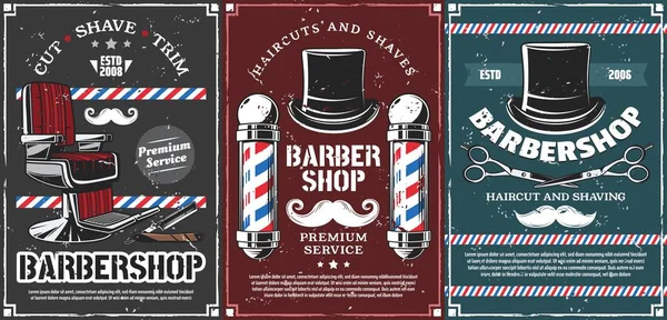 Pólos de barbearia, cadeira de cabeleireiro e bigode — Vetor de Stock