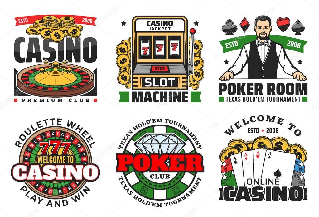 Casino roulette, poker gambling game and slot machine vector icons. Casino dice, chips and blackjack playing cards, fortune wheel, 777 jackpot and money, coins and croupier. Online casino retro design
