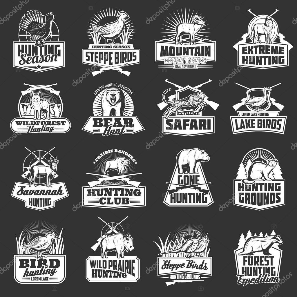 Hunting sport, safari and hunter club vector badges with wild animals, birds and huntsman guns. Bear, wolf and duck, african jaguar, buffalo and mountain sheep, rifle, shotgun, quail monochrome icons