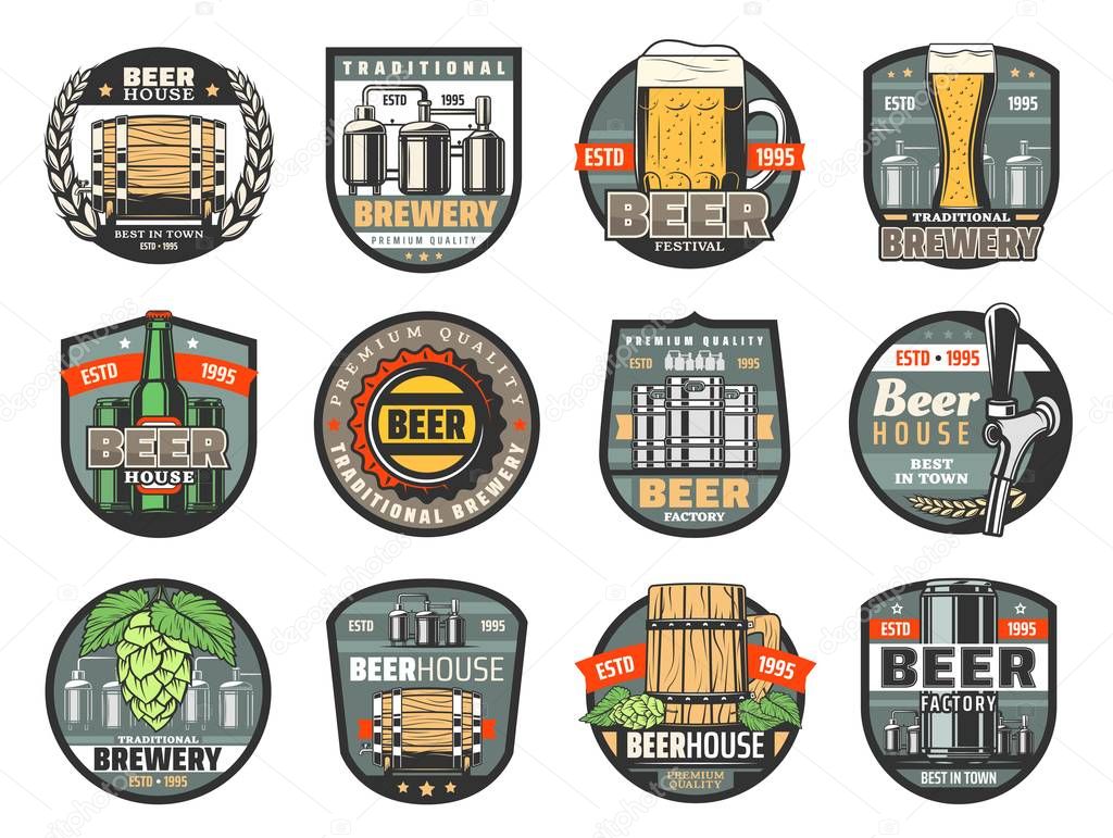 Beer bottles, glasses and barrels. Brewery or pub
